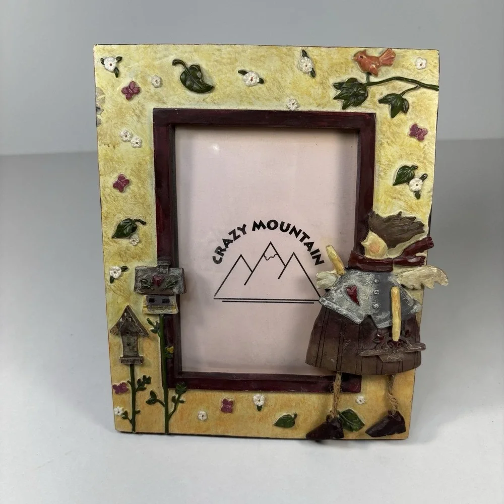 Vtg Crazy Mountain Resin Picture Frame Country Folk Art Angel Birdhouses 3D